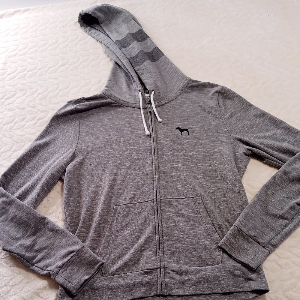 Victoria's Secret Womens Sweater Small Gray Hooded Jacket Long Sleeve Pink Zip